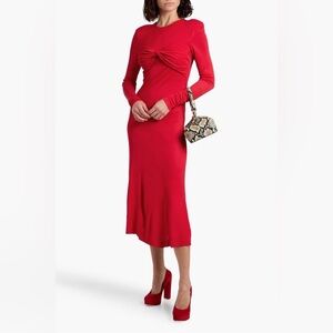 FARM Rio Red Twist-Front Long-Sleeve Midi Dress